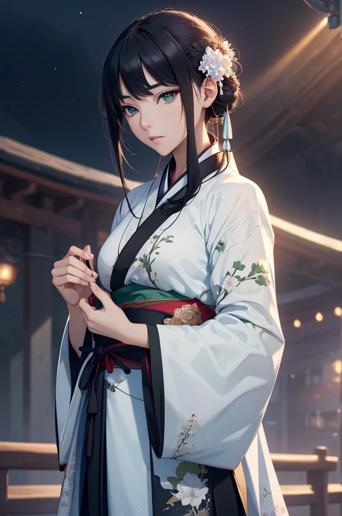 Starry sky and fog cover the landscape.Rich historical background. (Highest quality,4K,8k,High resolution,masterpiece:1.2), Very detailed, (Realistic,Realistic,Photorealistic:1.37), High resolution, Hyper HD, Studio Lighting, Ultra-fine painting, Sharp focus, Physically Based Rendering, Very detailed説明, Professional, Vibrant colors, Bokeh, Sports Late, Traditional Chinese Painting Techniques, Atmospheric lighting, Vivid color contrast, Visually stunning composition, Ethereal atmosphere,Very detailed目と顔, Beautiful attention to detail, Light on the face, (Hanfu: 1.1),Green Eyes,Graceful dancing woman