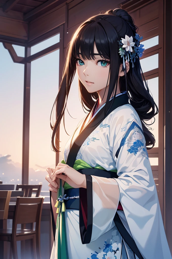 Starry sky and fog cover the landscape.Rich historical background. (Highest quality,4K,8k,High resolution,masterpiece:1.2), Very detailed, (Realistic,Realistic,Photorealistic:1.37), High resolution, Hyper HD, Studio Lighting, Ultra-fine painting, Sharp focus, Physically Based Rendering, Very detailed説明, Professional, Vibrant colors, Bokeh, Sports Late, Traditional Chinese Painting Techniques, Atmospheric lighting, Vivid color contrast, Visually stunning composition, Ethereal atmosphere,Very detailed目と顔, Beautiful attention to detail, Light on the face, (Hanfu: 1.1),Green Eyes,Graceful dancing woman