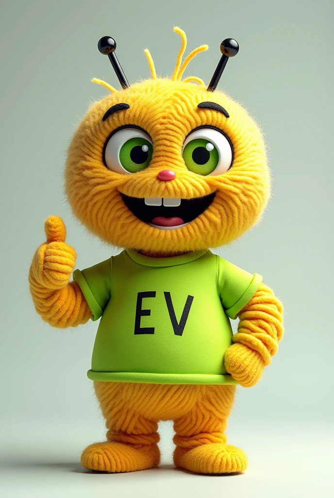 male round socket shaped mascot with black pins, wearing a fluorescent green shirt with EV written on it, giving thumbs up with big green eyes and a wide happy smile body is a roll of yarn