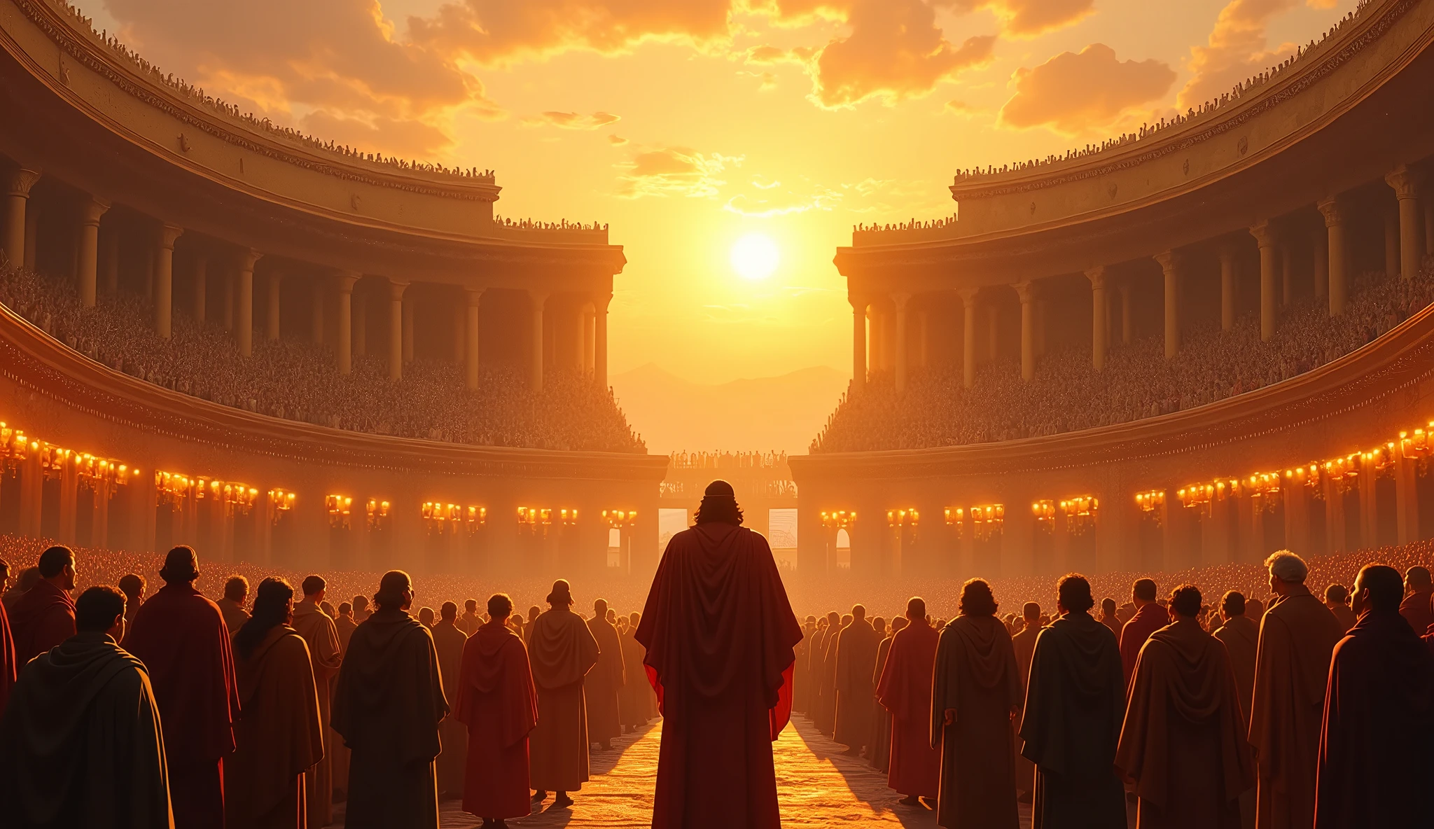 Create a hyper-realistic image of a sunset ceremony in a large outdoor amphitheater. King Solomon is at center stage, speaking to an attentive audience, while people around celebrate and show signs of achievement and contentment. The scene should show the amphitheater filled with people wearing traditional costumes., with lanterns and decorations illuminating the scene at twilight. The golden light of the sunset should create an inspiring and optimistic environment..