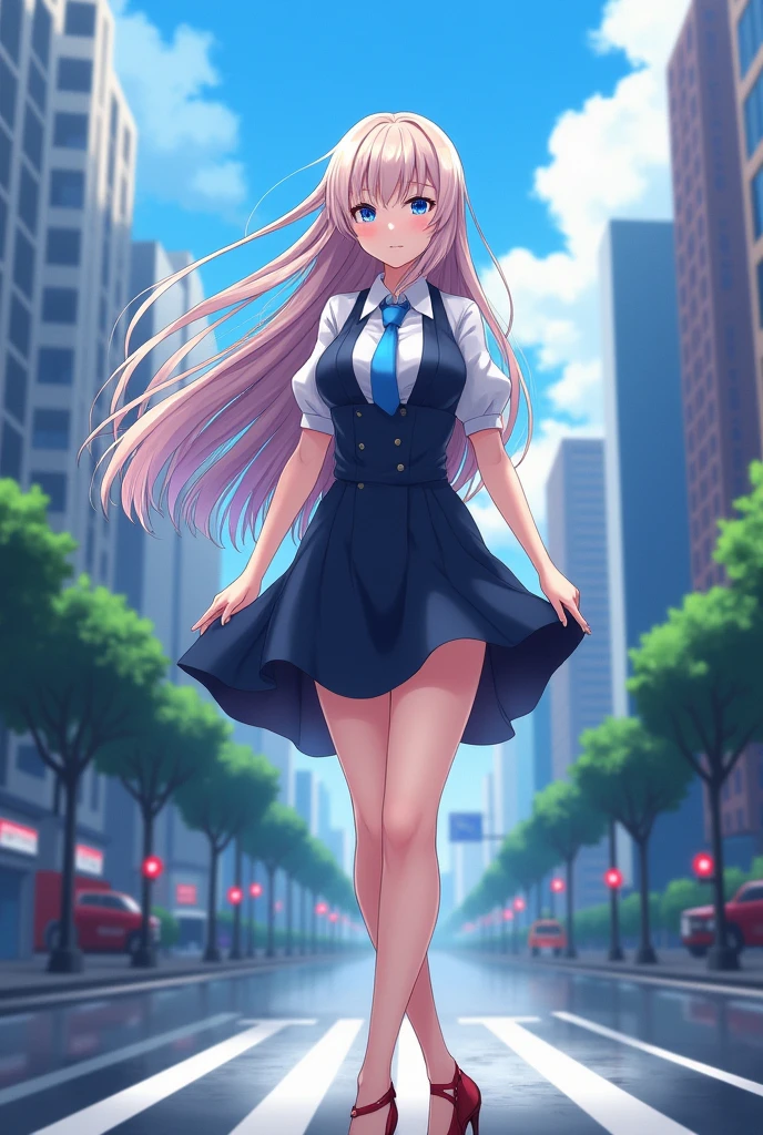 Anime girl standing on city street with long hair and blue eyes, trending in ArtStation Pixiv, purple eyes, blue tie, beautiful (detailed eyes, detailed face,) Ahegao, euladef, noble temperament, high heels, no watermark
