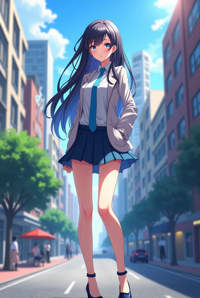 Anime girl standing on city street with long hair and blue eyes, trending in ArtStation Pixiv, purple eyes, blue tie, beautiful (detailed eyes, detailed face,) Ahegao, euladef, noble temperament, high heels, no watermark