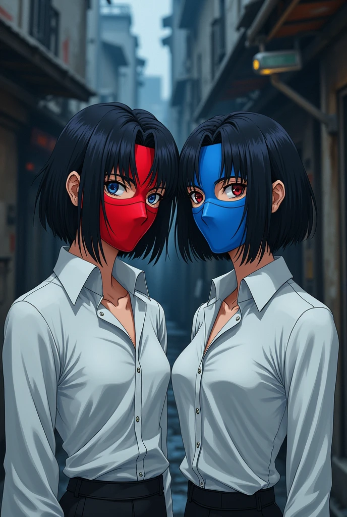 Two anime characters bandits in masks with black hair male white blouse red and blue