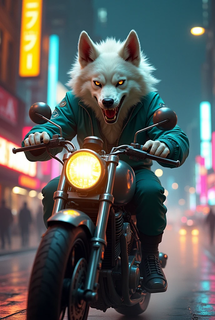 angry White and turquoise dog on the motor cycle in the new york city at night with yellow and pink lights