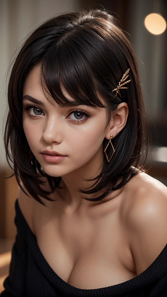 A young lady aged 16 yrs, with short black hair, curly hair, with air bangs. She is wearing dark makeup. She is wearing a black sweater, worn off her shoulders. She has an athletic figure. She is wearing gold hair pins. She is wearing diamond earrings. Looking directly into the camera. She has dark skin, constricted pupils, parted lips, modest bust size, perfect lips, perfect nose, cute face, Hyperrealism, cinematic lighting, jpeg artifacts, close-up view, bokeh, textured skin, UHD, best quality, masterpiece, high details