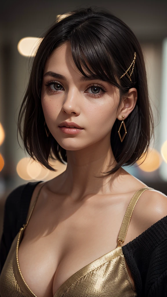 A young lady aged 16 yrs, with short black hair, curly hair, with air bangs. She is wearing dark makeup. She is wearing a black sweater, worn off her shoulders. She has an athletic figure. She is wearing gold hair pins. She is wearing diamond earrings. Looking directly into the camera. She has dark skin, constricted pupils, parted lips, modest bust size, perfect lips, perfect nose, cute face, Hyperrealism, cinematic lighting, jpeg artifacts, close-up view, bokeh, textured skin, UHD, best quality, masterpiece, high details