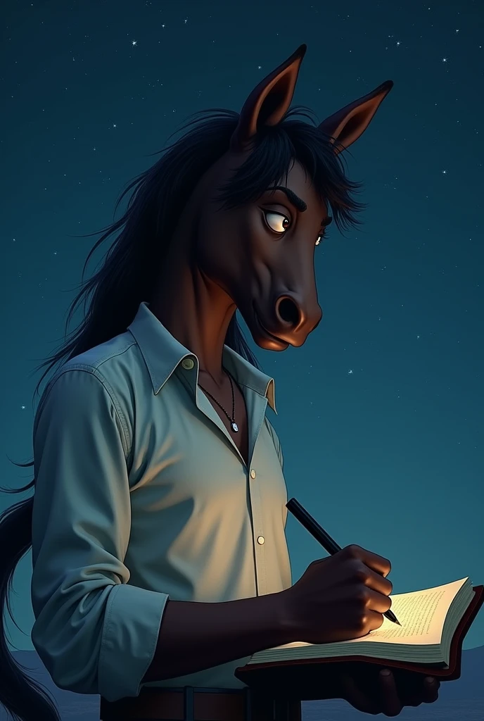 Dark-haired centaur, wearing a white 50s shirt making notes in a notebook under the night sky.