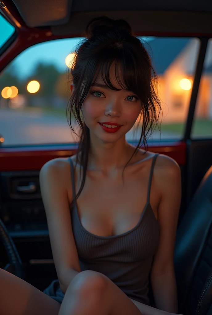 Cute eighteen year old, passenger seat of car, short dress, low cut top, brunette, young, eye contact, nighttime, street lights, smiling, smile, young girl, thin legs, skinny, short skirt, eighteen, sweet, parking lot, closed mouth, mouth closed, slim, tiny body, 18, blonde, bright blue eyes, red lipstick, short hair, parked outside house, photo real, photorealistic, ponytail