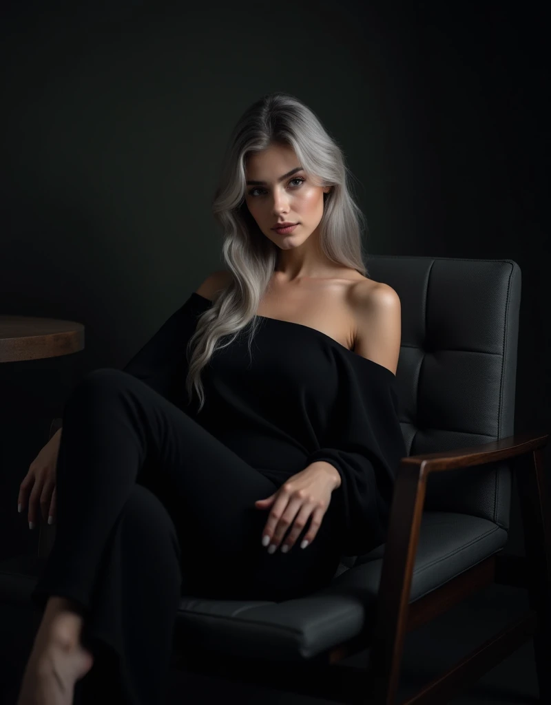 Girl sits elegantly on modern black soft chair, looks straight, Sits up straight, Against the background of a dark room, black off shoulder top, light gray long hair, good lighting, realistically, photo