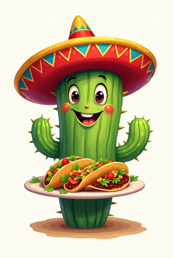 2D logo of a cute Cactus with a plate of tacos in his hand and a Mexican hat with the colors of Colombia in full HD