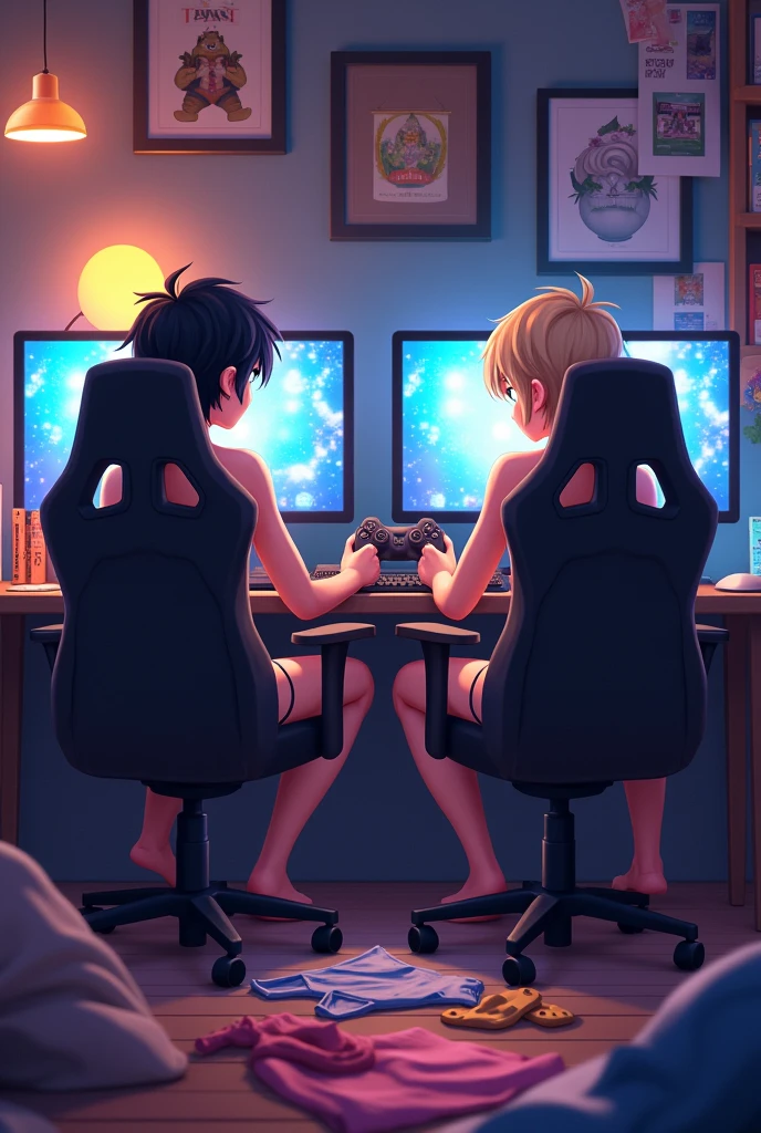 Scenario: A gamer&#39;s room with three monitors, a powerful PC, and several gaming chairs. The environment should feel relaxed and a little messy., with several boxer briefs scattered across the floor and some even on top of chairs.Personagens: Two teenage friends , one with black hair and the other with dark blonde hair. They are focused on playing on their monitors, with expressions of enthusiasm or concentration.detaileds: Friends should be in comfortable gaming chairs and the room can have gamer decor., like game posters and maybe some game related accessories. The scattered underwear must be visible, creating a contrast with the game environment, they are only in their underwear.