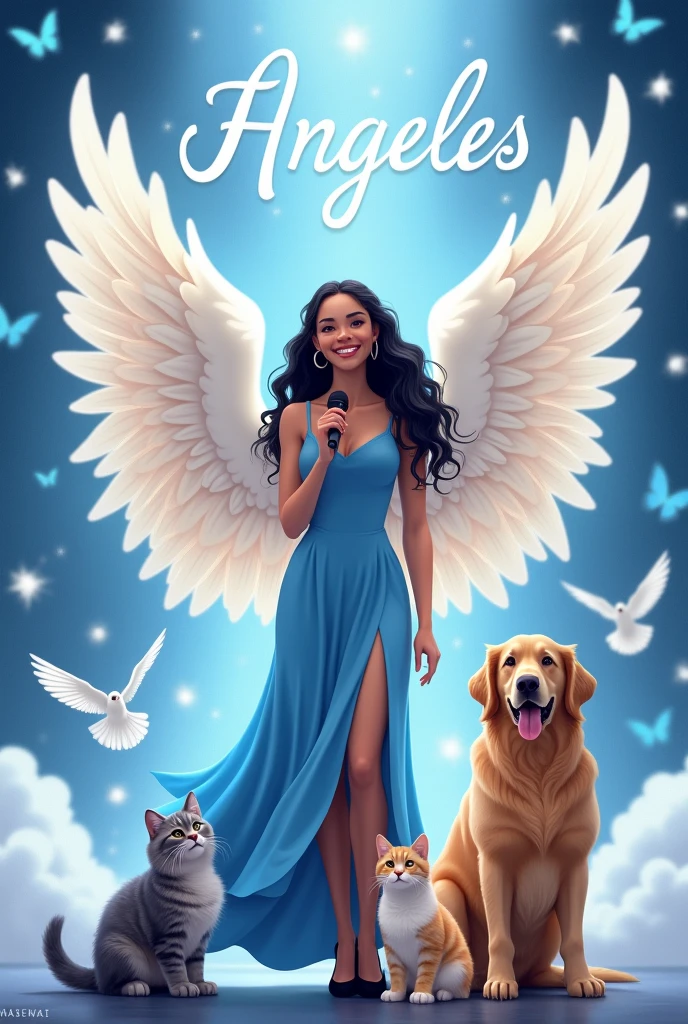 A 26 year old girl with light dark skin ,with big wings like an angel with a smile and has braces on her teeth , her wavy black hair her wide nose with a long blue dress and high black heels like a Goddess on a stage full of white and blue doves and blue butterflies she holding a microphone with her hand , At his side are his 3 pets, a big grey angora kitten, lead-colored all over its body, and his other pet, which is a yellow and white kitten, Her name is Nini, She is smaller, and his last pet, which is a big beige Golden puppy,On stage she has a big name that says Angeles.
