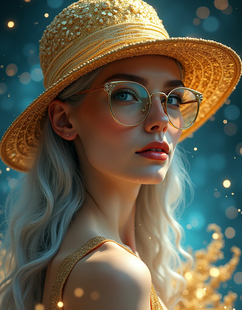 Michael Parkes' retrofuturism, Full height, 3D rendering, Quantum, Abstract outer space, image of the mistress of the stars of the big, luminous universe, porcelain, white, perfect face^, realistic, detailed big eyes, designer glasses, designer hat, makeup, beautiful, long hair, white, ruby, olive color, sapphire, filigreeclothes with silver elements, leopard style, master of space art, Winsor Mackay style, Leonardo da Vinci, Klimt, science fiction style, modern, kinetic art, Niji Express 3D v2, epic style, art deco, glitter, glow, oil painting on canvas, mixed techniques, ink, pen, ink v3, cybert style, close-up, fantasy, detailed drawing Hyperdetails, art station trend, sharp focus, studio photography, complex details, Greg Rutkowski, gold section, concept art, 8k^HDR