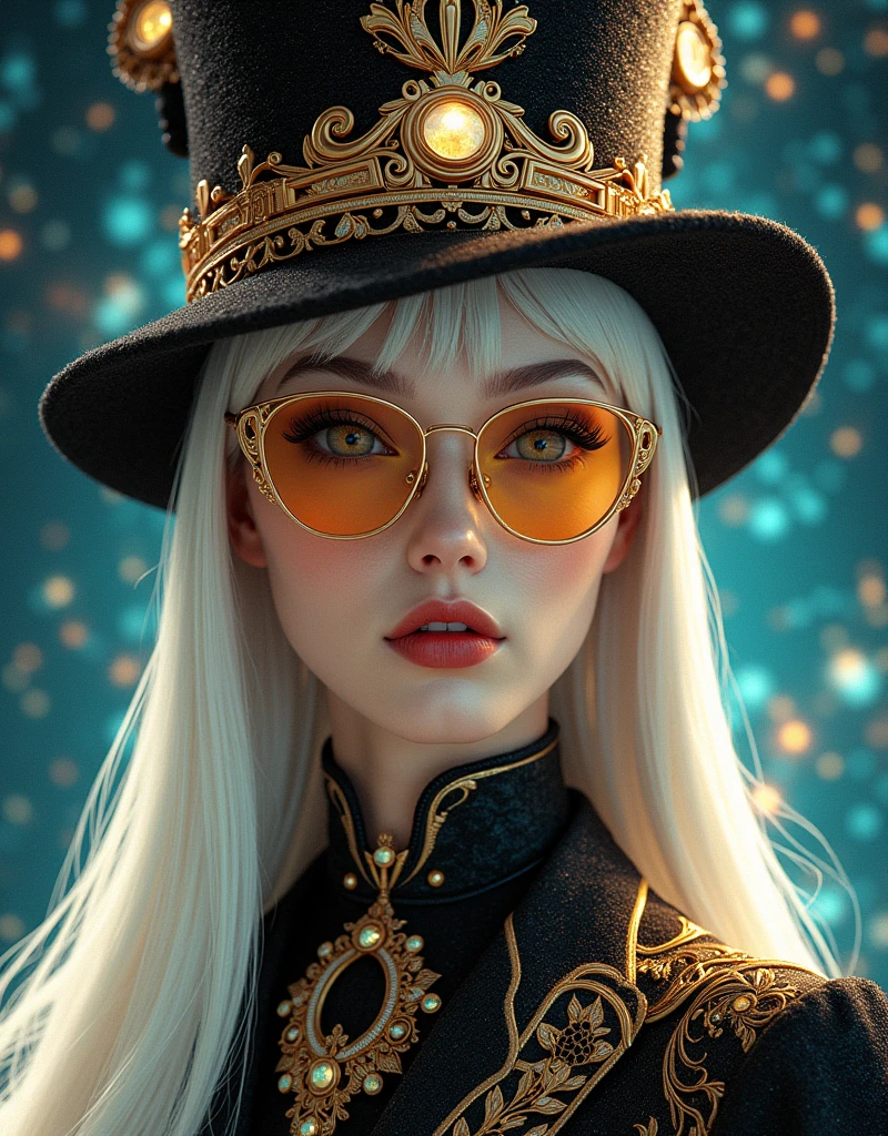 Michael Parkes' retrofuturism, Full height, 3D rendering, Quantum, Abstract outer space, image of the mistress of the stars of the big, luminous universe, porcelain, white, perfect face^, realistic, detailed big eyes, designer glasses, designer hat, makeup, beautiful, long hair, white, ruby, olive color, sapphire, filigreeclothes with silver elements, leopard style, master of space art, Winsor Mackay style, Leonardo da Vinci, Klimt, science fiction style, modern, kinetic art, Niji Express 3D v2, epic style, art deco, glitter, glow, oil painting on canvas, mixed techniques, ink, pen, ink v3, cybert style, close-up, fantasy, detailed drawing Hyperdetails, art station trend, sharp focus, studio photography, complex details, Greg Rutkowski, gold section, concept art, 8k^HDR