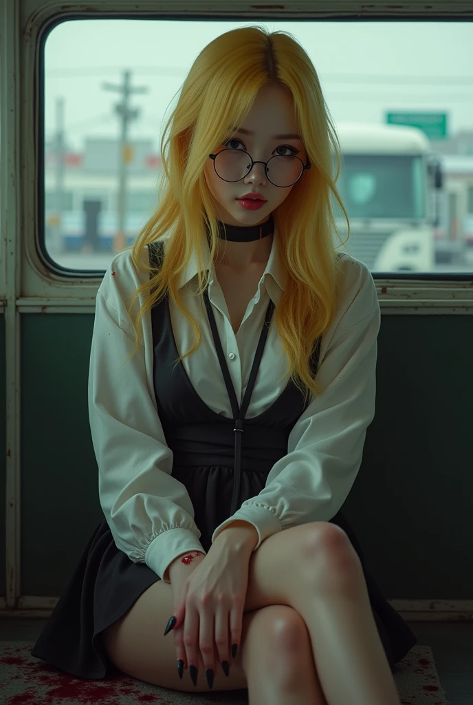 (((photorealistic:1.4))), ultra realistic, pores, (((masterpiece))),high quality, ultra details, realistic  white skin beautiful face pretty korean idol adult smilling bloody woman with very long sharp claws black fingernails, long yellow hair, circle glasses, wearing sexy secretary uniform, sitting on the chair, bus station,