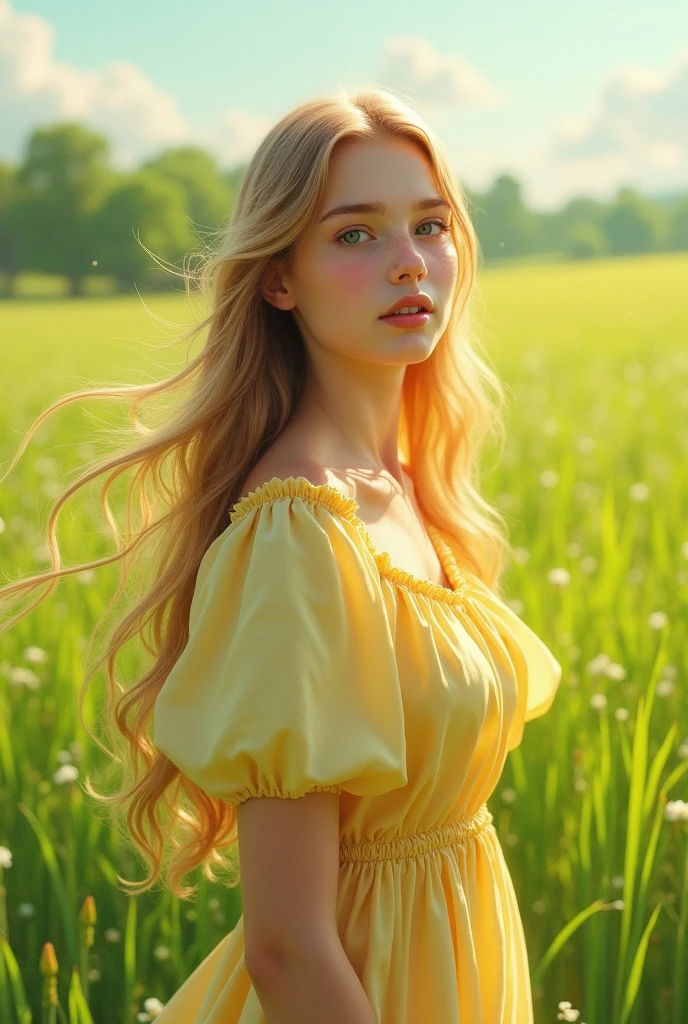 A beautiful -year-olrl sts in a vibrant green meadow, her long blonde hair flowing freely in the breeze. She wears a light yellow dress with round, puffy sleeves that gently catches the sunlight, creating a warm, ethereal glow. Against the backdrop of lush, verdant grass, her radiant presence and the delicate hues of her outfit blend harmoniously, evoking a sense of serene, natural beauty.