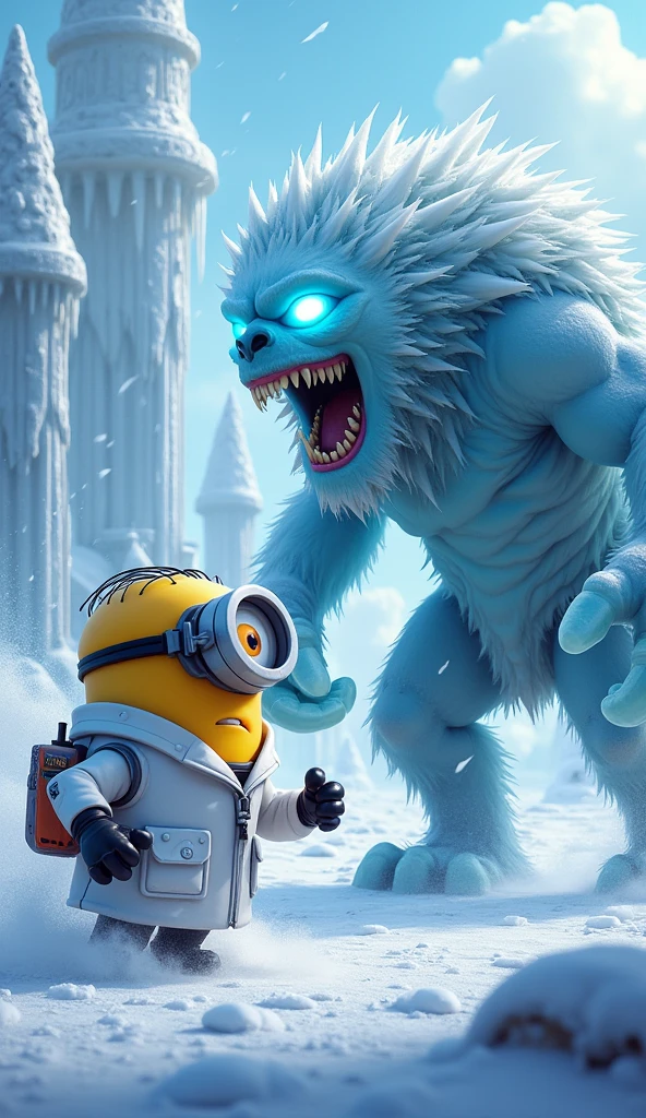  
 Minion in scientist outfit Scene of fighting snow monster outside ice palace  