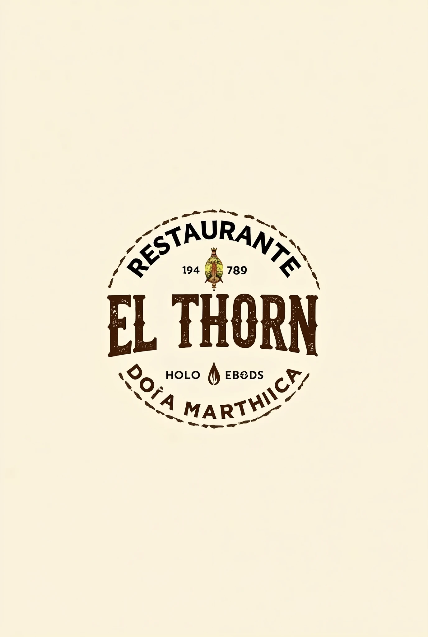 Typography y Nombre:

Full name: Puedes optar por incluir el nombre completo “Restaurante El Thorn” y, in a smaller font or on a second level, add “Mrs. Marthica”.
Typography: Use a font that evokes a traditional and cozy feeling. Fonts with a handwritten feel or classic serifs can work well.. Consider a typeface that is legible and has a handmade touch..
Icons and Symbols:

Thorn: El nombre “El Thorn” sugiere algo relacionado con plantas o espinas. You can incorporate a stylized image of a thorn, leaf or thorn. This element can be subtle, as a small icon next to the text.
Culinary Elements: Add a simple icon representing traditional cuisine, like a crossed fork and knife, a plate, or even a traditional pot can be a good idea.
Craft Elements: Consider adding details that evoke a homemade or handmade style., such as smooth textures or jagged edges.
colors:

Paleta de colors: Use soft, earthy colors to convey a cozy, traditional atmosphere.. Tones like beige, light brown, olive green, or terracotta can work well. These colors are less intense and have a handmade touch..
Combination: You can combine a main color with softer secondary tones to add depth without being too flashy..
General Style:

Simple Design: Keep the design simple and clear so that it is easily recognizable and versatile.. A minimalist style but with a touch of artisan detail can be effective.
Logo Shape: A design in the form of a seal or emblem can reflect a sense of tradition.. Alternatively, A freer, less rigid design can emphasize the casual atmosphere.
Specific Ideas for Icon Stamp Design:

Un logo en forma de sello redondo o elíptico con “Restaurante El Thorn” en la parte superior y “Doña Marthica” en la parte inferior. In the middle, a small icon of a stylized thorn