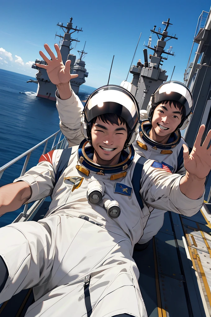 The three astronauts aboard an aircraft carrier, waving at the camera.
high resolution,