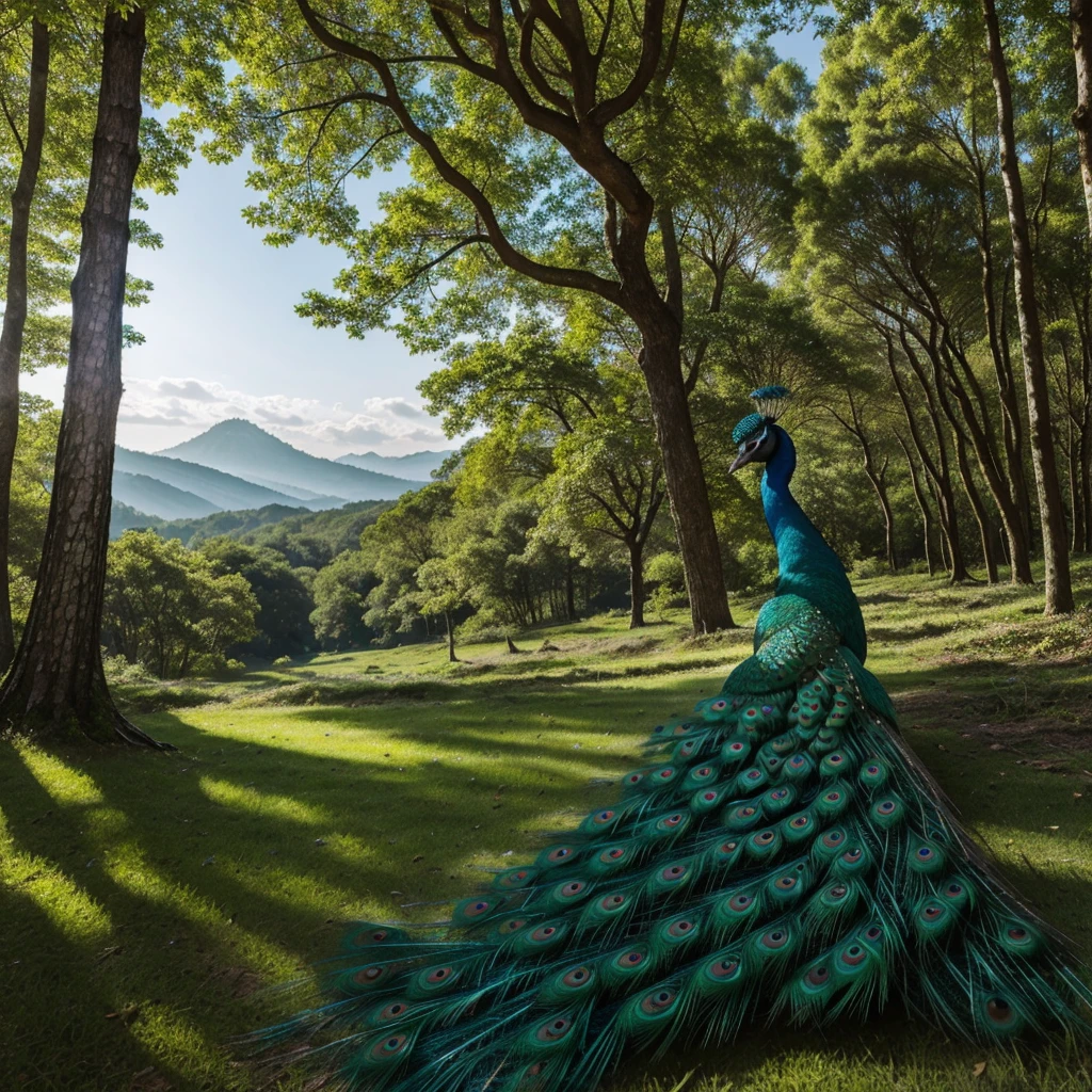 A peacock sketch with a beautiful background of a forest made using penscil
