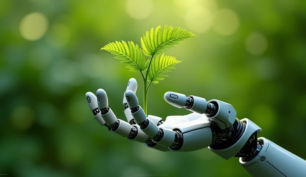 applications of artificial intelligence in the environmental sector, make a robotic hand near a plant branch on a green background with space for title