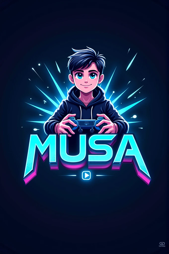 This is a gaming logo that features the name "MUSA" in a futuristic font and a neon blue colour. And boy name avatar , the logo also has a stylised controller icon and a gaming play button in the background. The logo is designed to be attractive and eye-catching, and to appeal to gaming enthusiasts