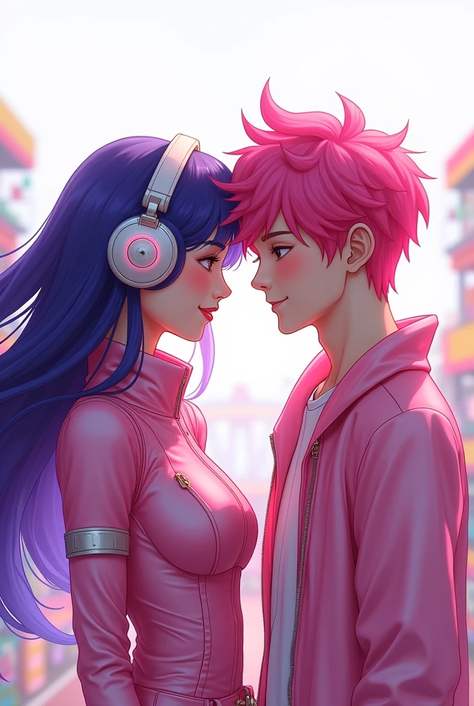 Korean purple hair butterfly woman with headphone and shiny pink outfit and pink hair man white background amusement park friendship friends they are friends 