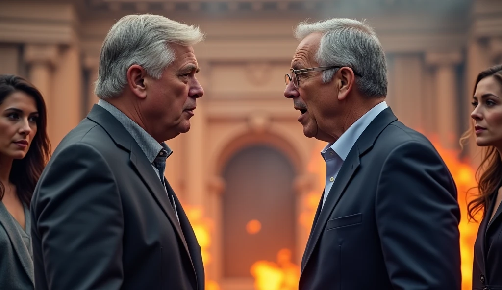 In a public setting, two men are arguing heatedly in the center of the stage. One of the men has gray hair and displays an assertive posture., while the other, younger, is visibly agitated. Around them, two women observe the scene with expressions of interest and curiosity. The atmosphere is tense, and the conversation between men seems to be the main focus, while the women analyze the situation, probably reflecting on what is being discussed.