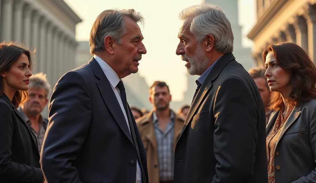 In a public setting, two men are arguing heatedly in the center of the stage. One of the men has gray hair and displays an assertive posture., while the other, younger, is visibly agitated. Around them, two women observe the scene with expressions of interest and curiosity. The atmosphere is tense, and the conversation between men seems to be the main focus, while the women analyze the situation, probably reflecting on what is being discussed.