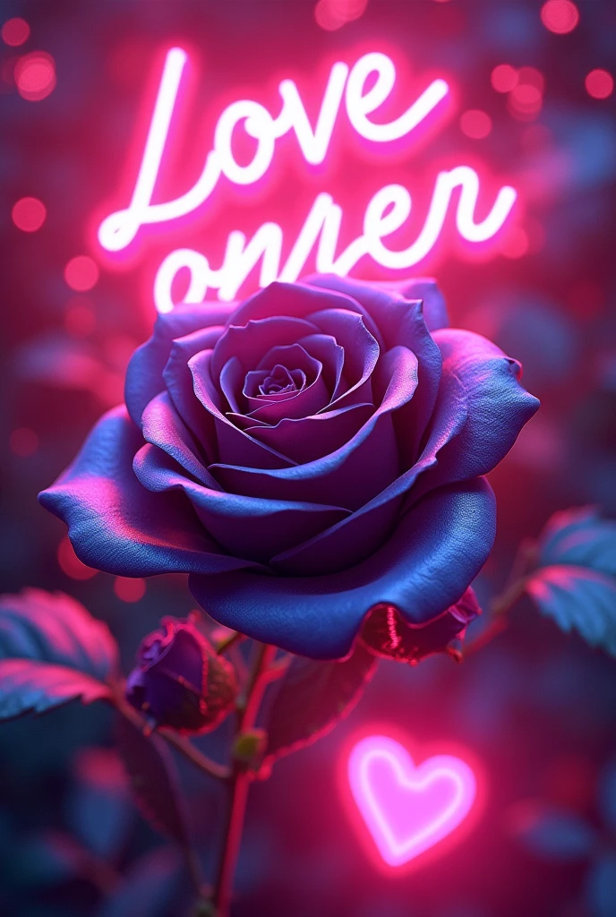 A mesmerizing artwork in a glowing neon art style! A vibrant pink background sets the stage for a stunning visual display. Three-dimensional text glows with an otherworldly light, spelling out "" in bold neon letters. Amidst this cosmic backdrop, a majestic rose blooms, its petals shimmering in a deep purple hue that seems to pulse with an inner radiance. The flower's dark, velvety centers appear almost black, adding depth and dimensionality to the design. Scattered throughout the composition are 3D neon hearts, their pinkish glow harmonizing with the overall palette. A dynamic angle captures the eye, drawing it into a world of enchantment and wonder.