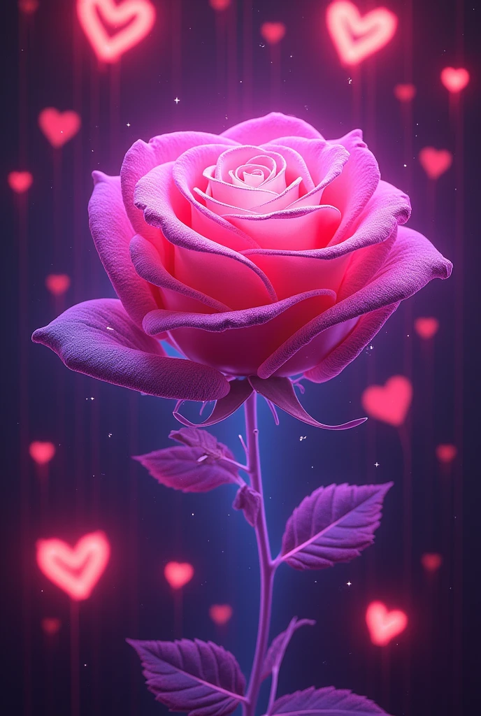A mesmerizing artwork in a glowing neon art style! A vibrant pink background sets the stage for a stunning visual display. Three-dimensional text glows with an otherworldly light, spelling out "" in bold neon letters. Amidst this cosmic backdrop, a majestic rose blooms, its petals shimmering in a deep purple hue that seems to pulse with an inner radiance. The flower's dark, velvety centers appear almost black, adding depth and dimensionality to the design. Scattered throughout the composition are 3D neon hearts, their pinkish glow harmonizing with the overall palette. A dynamic angle captures the eye, drawing it into a world of enchantment and wonder.