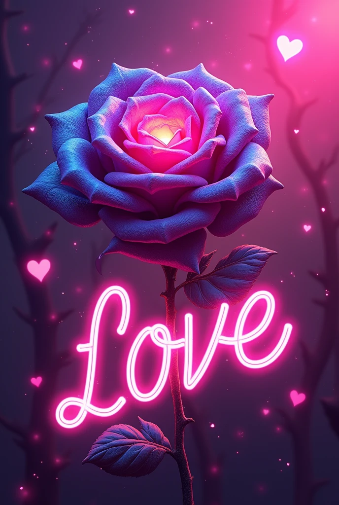A mesmerizing artwork in a glowing neon art style! A vibrant pink background sets the stage for a stunning visual display. Three-dimensional text glows with an otherworldly light, spelling out "" in bold neon letters. Amidst this cosmic backdrop, a majestic rose blooms, its petals shimmering in a deep purple hue that seems to pulse with an inner radiance. The flower's dark, velvety centers appear almost black, adding depth and dimensionality to the design. Scattered throughout the composition are 3D neon hearts, their pinkish glow harmonizing with the overall palette. A dynamic angle captures the eye, drawing it into a world of enchantment and wonder.