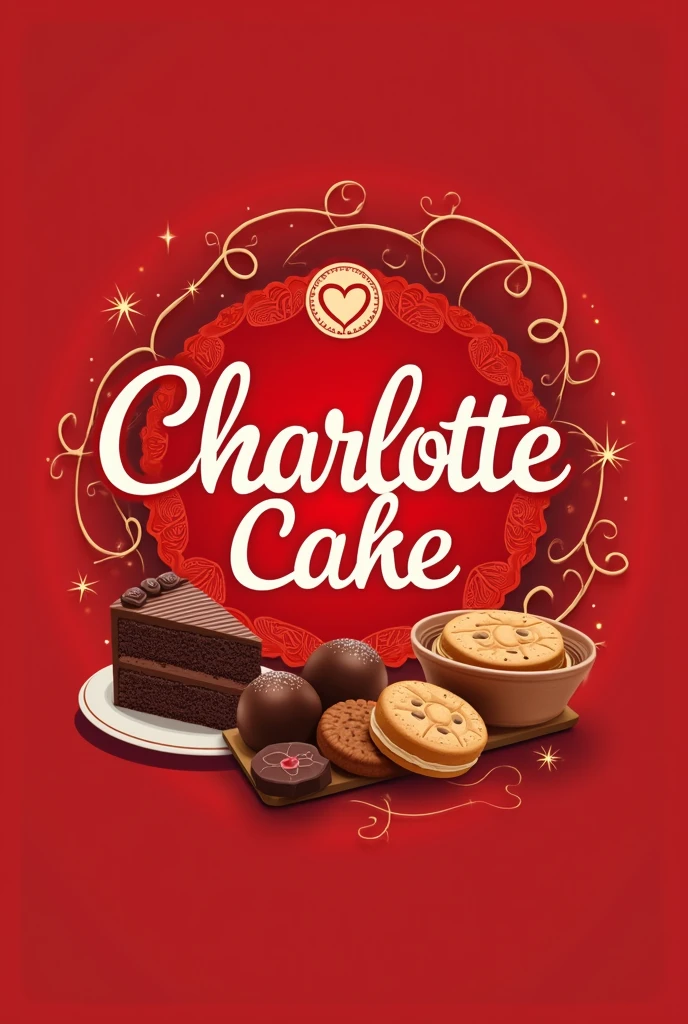 Generate a logo for a bakery called Charlotte cake in red tones , must have cakes, trufas e cookies