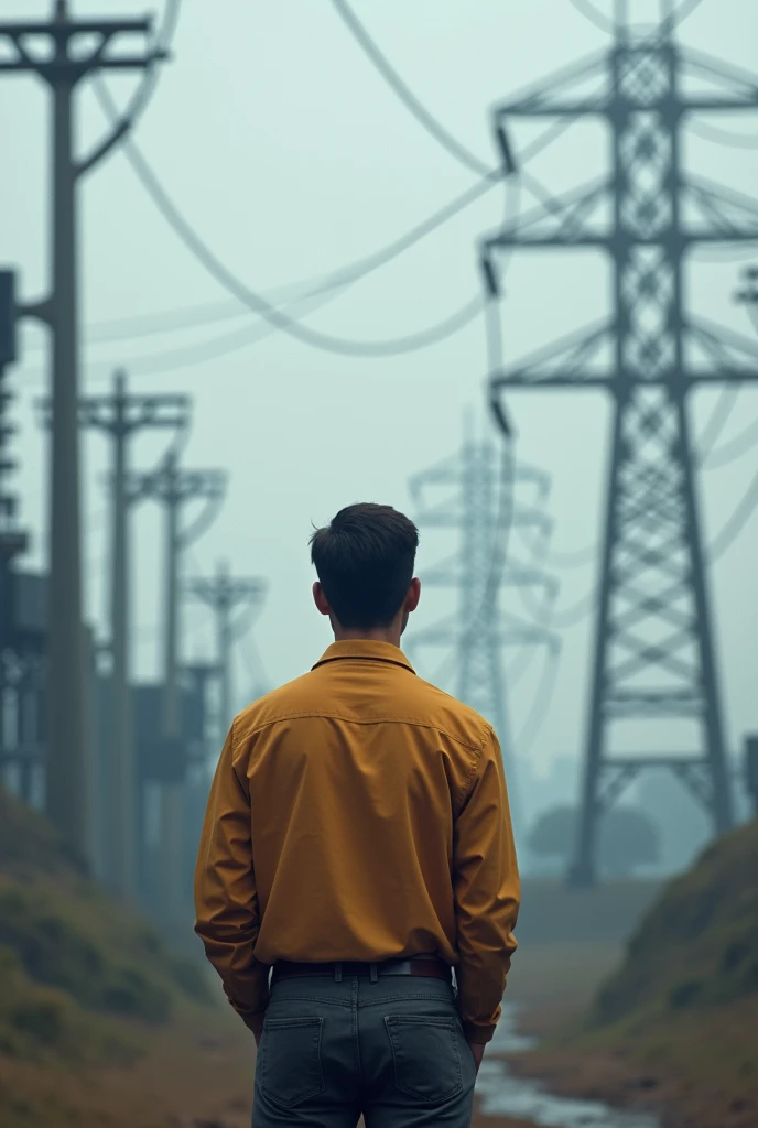 Photo of electrical engineer standing alone and thinking young man with power systems theme .show that he electrical engineer.and background theme like grid or power systems site or these thing in front of him and in photo you show the back of this person