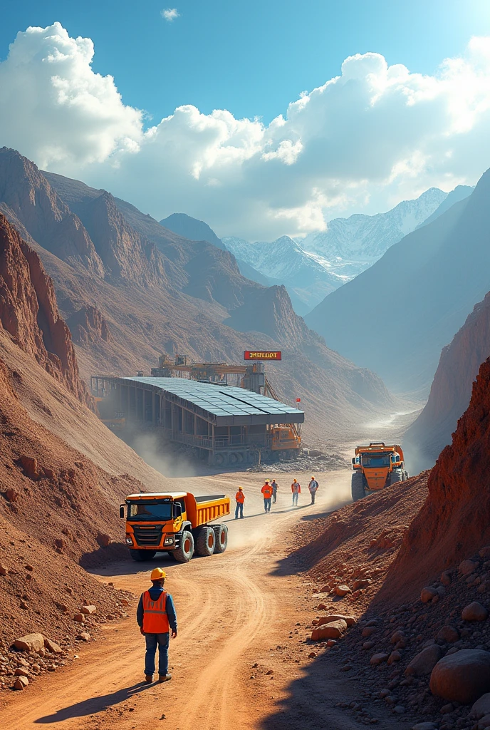 A vibrant modern mining scene in Bolivia, Showing a sustainable mining environment. Workers are seen in full safety gear, operating heavy machinery such as excavators and dump trucks in a vast mountainous landscape. At the bottom, A modern processing plant with solar panels highlights the commitment to sustainability. The sky is clear, and the sunlight illuminates the scene, giving a sense of progress and advanced technology. Spotlight, A sign indicating environmentally friendly and responsible practices is displayed, highlighting the integration of mining with environmental care."