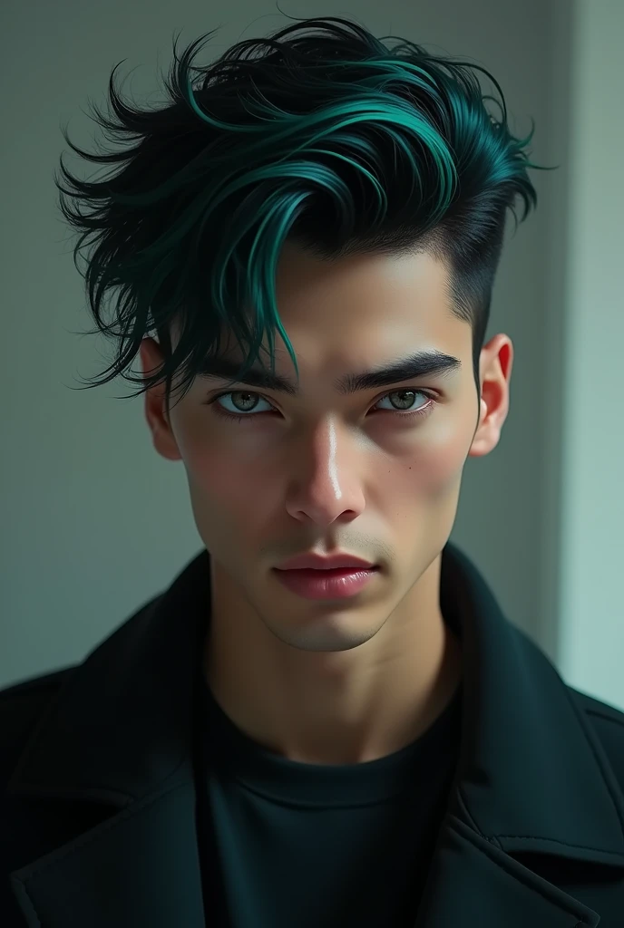 Black hair, male, blue-green highlights