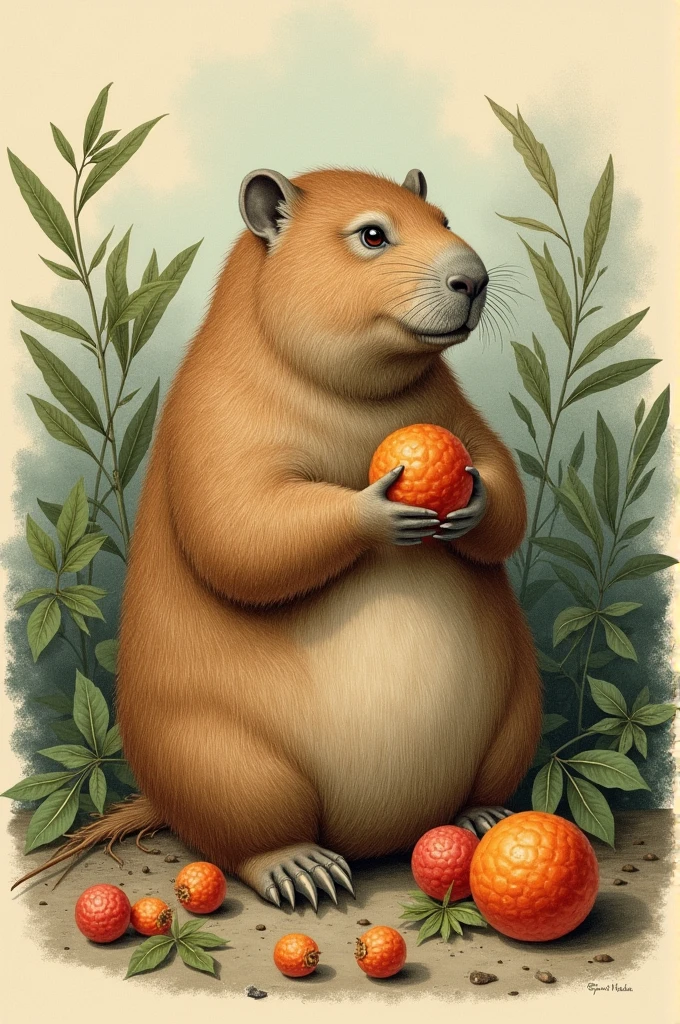 Capybara eating cape gooseberries, vintage drawing style