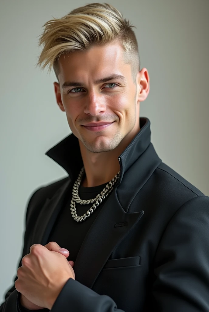 Create a realistic image of a young man, extremely slim and handsome, with light blonde hair, very short and combed to one side. The man has a cheerful and attractive expression, with honey-colored eyes that capture the light. He is completely shaved, without any trace of beard. He wears a thick silver chain around his neck.. The man is wearing a futuristic and stylish outfit that enhances his extremely slim figure., without bodybuilding, suitable for a president who created the event "Titans Legacy". Clothing must be modern, impressive and sophisticated, Designed to highlight your slim and stylized complexion. The man's hands are visible, posed naturally in front of him or to the sides, with a safe and relaxed posture. The background should be simple and neutral, allowing the main focus to be on the man's face, his futuristic clothing, and their facial details.