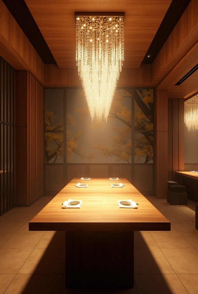 Restaurant tea room, ceilings 3.5 meters, rectangular flat ceiling, on the ceiling a rectangular chandelier made of small crystals, the floor is light brown porcelain stoneware, a long rectangular 6 meter st