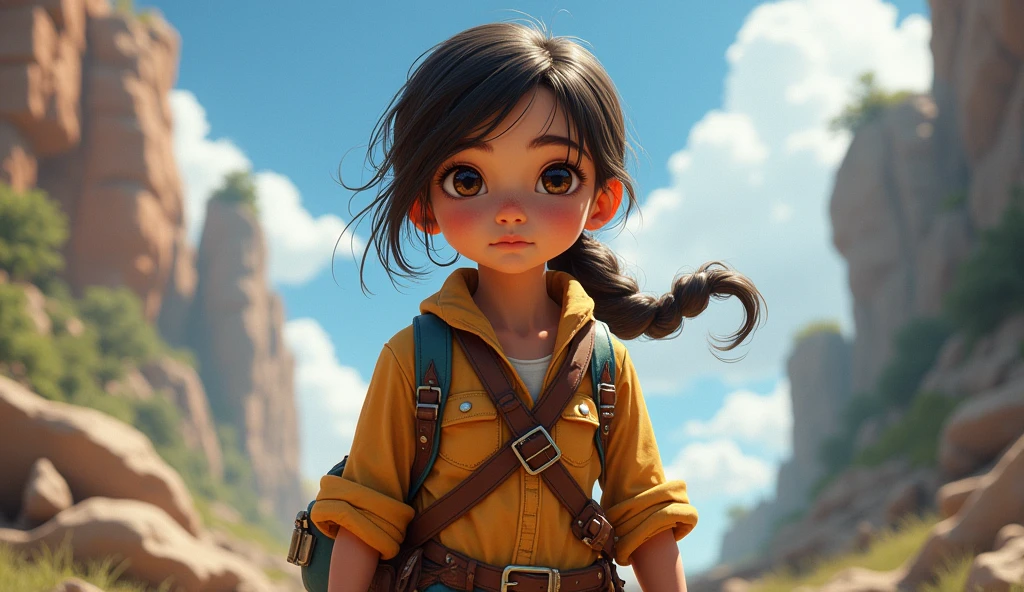 A brave young girl named Jooli, with a confident expression and adventurous attire.