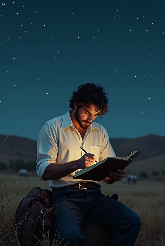 Man with dark-haired horse&#39;s underside, wearing a white 50s shirt making notes in a notebook under the night sky.