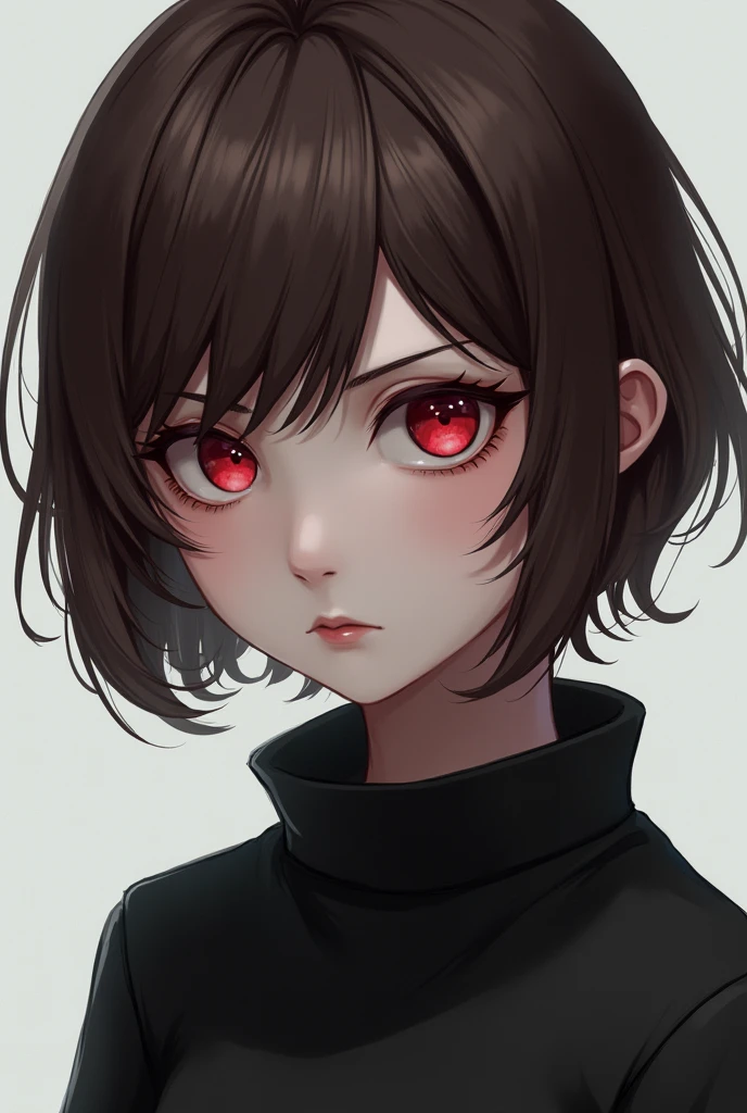 18 year old girl, Her hair is short brown, Her skin is white, his eyes are red, His expression is serious and cold, Digital illustration of video game characters

