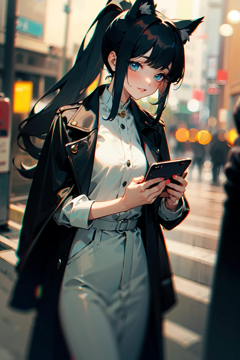 (masterpiece, best quality:1.3), highly detailed, (wide shot), 1girl, black hair, high ponytail, long hair, (bangs), (deep ocean eyes), (smiley), pretty lipsticks, holding smartphone, looking at the phone, black leather long coat, white shirt, cat ears, late night street background, soft focus, ((bokeh)), absurdres
