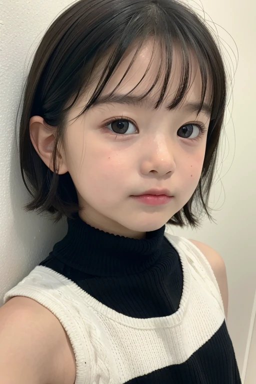 (best quality, masterpiece:1.4), ultra high res, 8k, ultra-detailed, (photo-realistic:1.2), RAW photo, perfect anatomy, detailed face, detailed eyes, detailed skin, 1girl, cute, Japanese, ( girl:1.3), short hair, bangs, standing, sleeveless turtle-neck sweater, black hair, soft light, cinematic lighting, cinematic shadows, (looking at viewer:1.2), white wall background