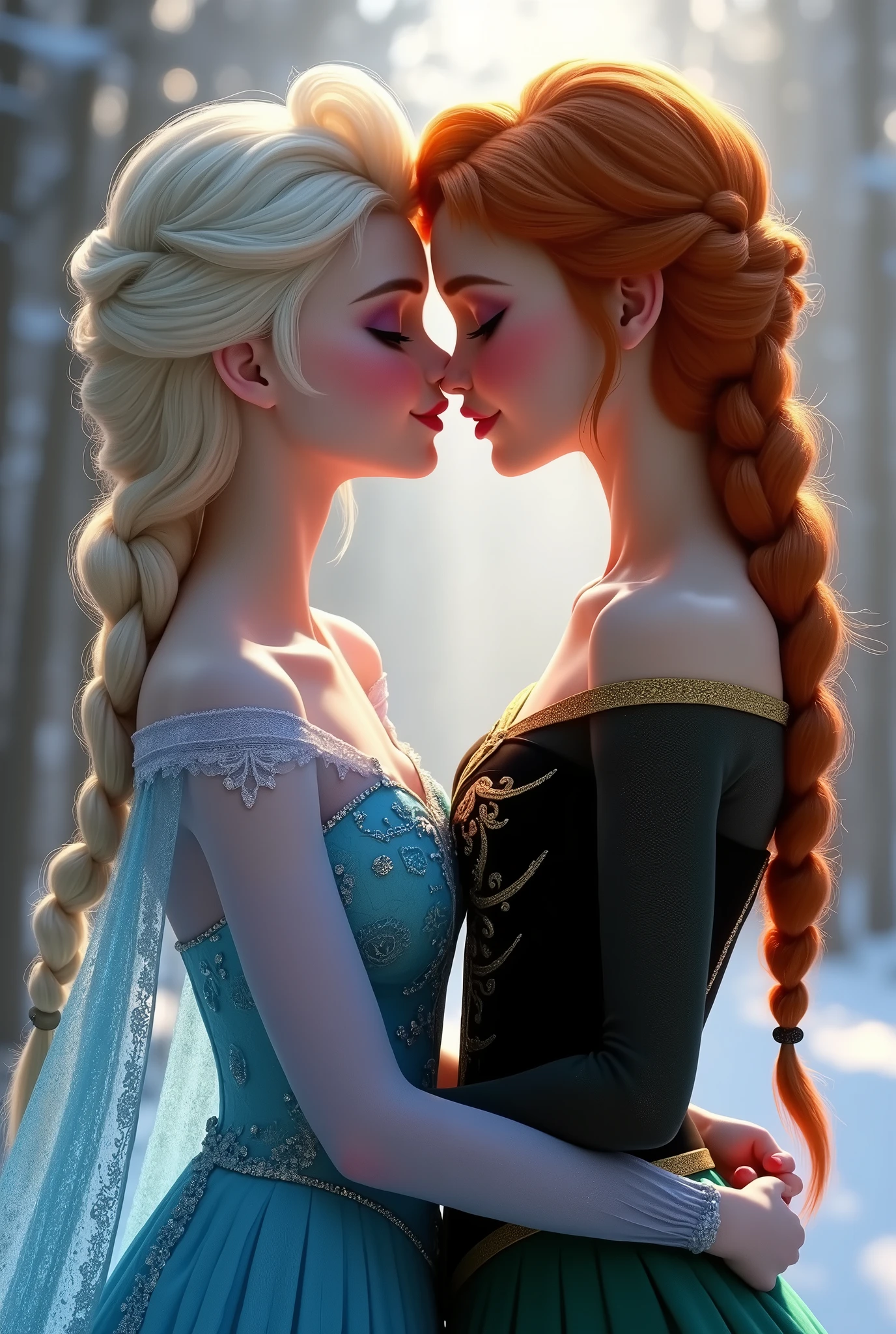 A stunning portrait of Elsa and her sister Anna kissing, French kissing, tongues touching, they are kissing, young and beautiful, hyper realistic, real portrait, backlit, exquisite features, cleavage, Elsa is showing her vagina to Anna and asking her to lick her vagina, she is inserting his fingers in her vagina under her skirt, she is fingering her, Elsa is in ecstasy, (anna has red hair), Elsa is reaching for Anna, Anna is slightly taller than Elsa