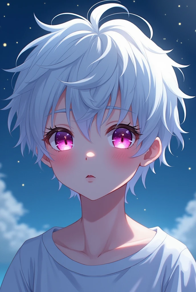 I boy (anime screencap from boku no pico) (white fluffy hair) (pink eyes)( cute 10 year old boy) (night veiw) cute boy 10 years old