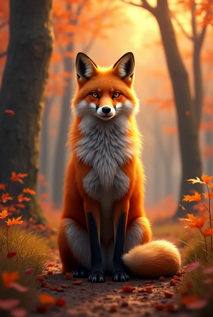 A majestic red fox sitting in a forest clearing during autumn, its fur illuminated by the soft golden light of the setting sun. The background features tall trees with leaves in warm colors, and the ground is covered in a mix of grass and fallen leaves. The fox gazes directly at the viewer with an intense and intelligent expression