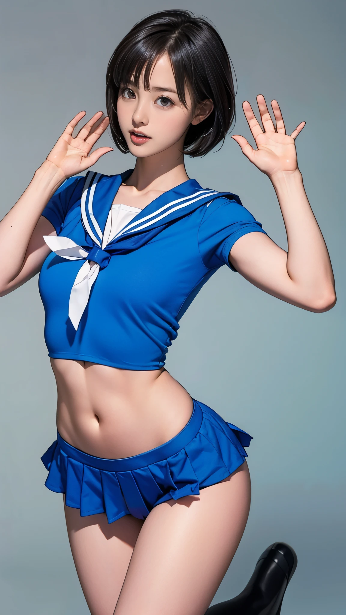 、Having a blast dressed up as Sailor Mercury、Joy、Active pose、Raise your arms and jump、To NFSW、Panty shot、Very thin thighs