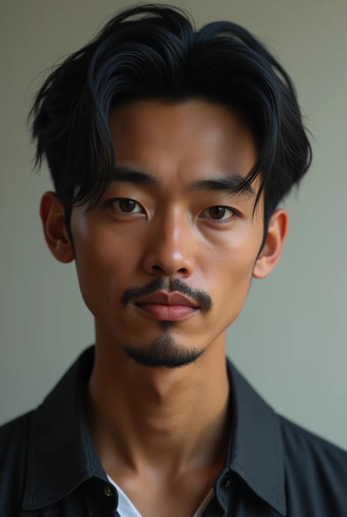 Skinny Asian man with dark skin medium cut hair without beard, medium moustache