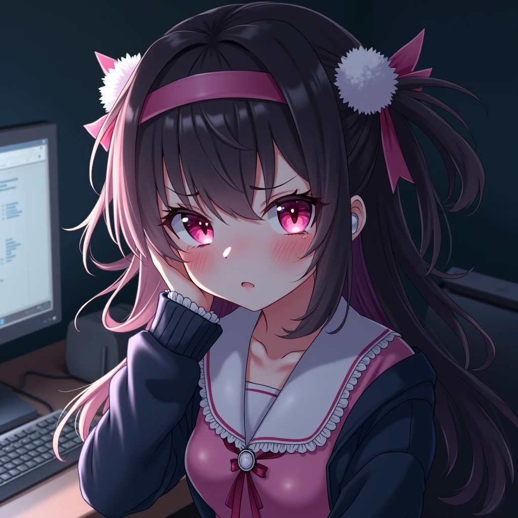 One person, Black Hair,Pink inner color,Long Hair, bangs,Half Twin Tail,Pink eyes, Droopy eyes,Take a closer look, Hearts in eyes, ribbon, Headband, White fluffy hair accessories,anime, anime風, skirt,Pale skin,Frills,Mine system,smartphone,Pink Sailor Suit,Dark cardigan,Drooping eyes,Confused eyes,Worried brow,Yandere,background computer,smartphone,delivery,Illness,Expose,Midnight,earphone